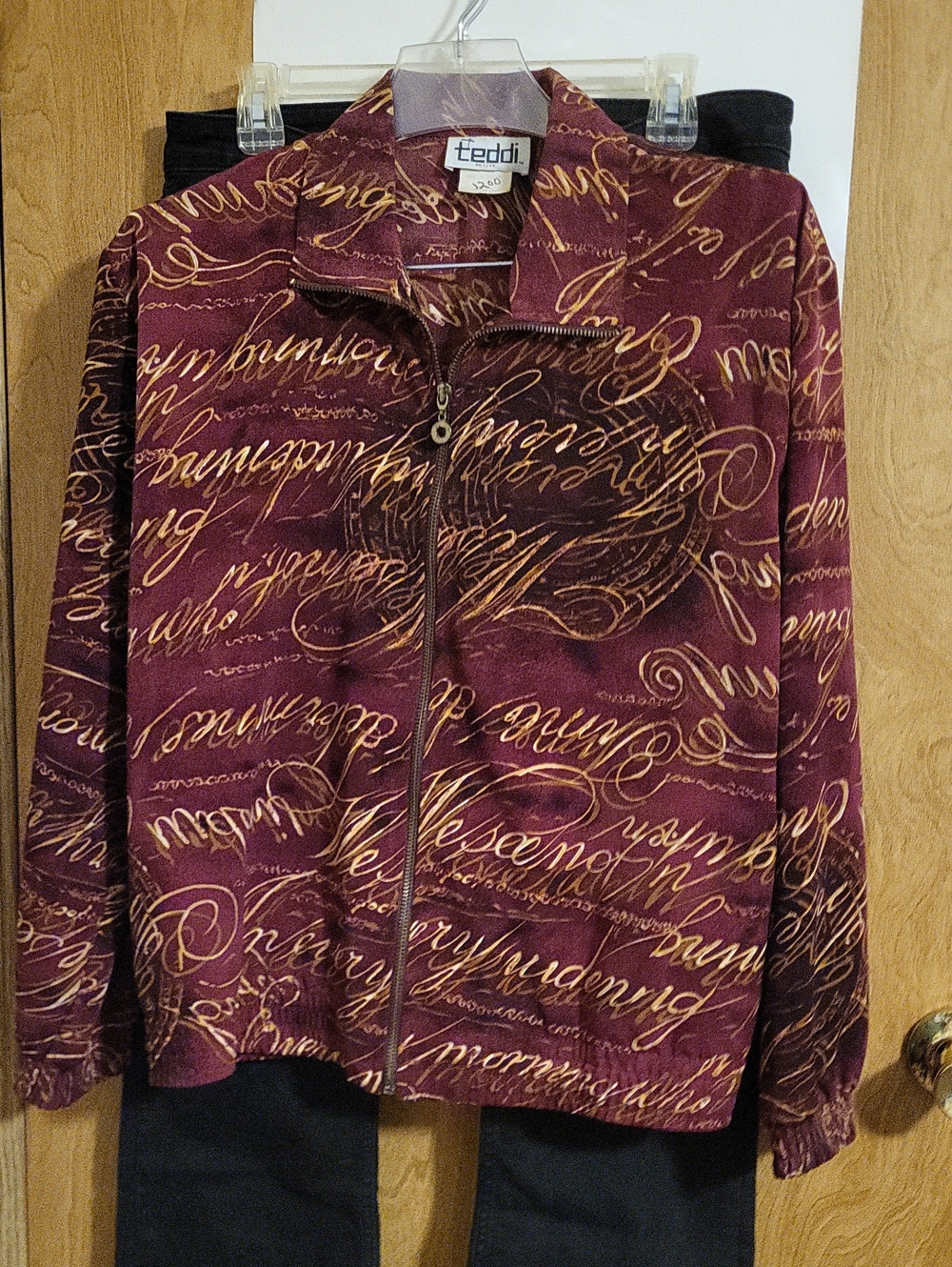 Teddi Burgundy Zip-Front Script Print Utility Jacket